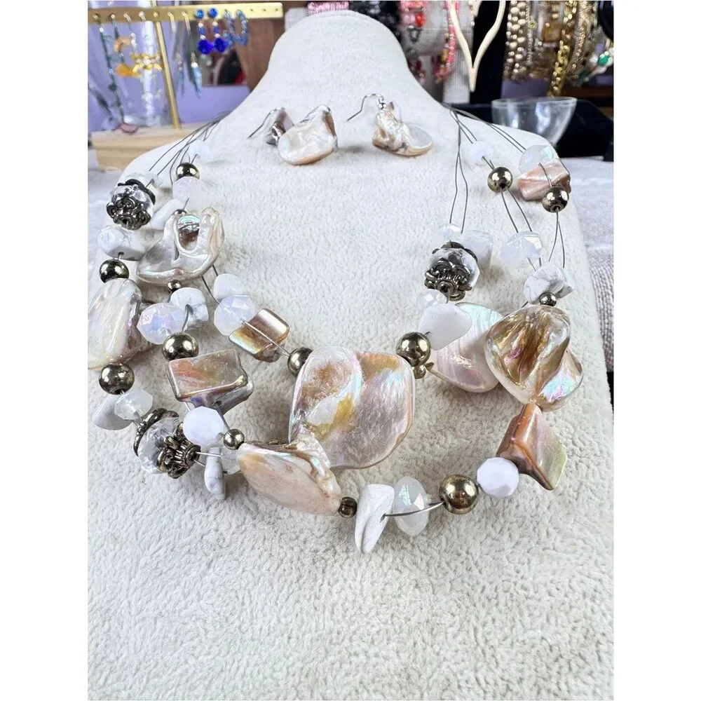 Vintage Mother Of Pearl Shell Multi-Strand Necklace with Earrings